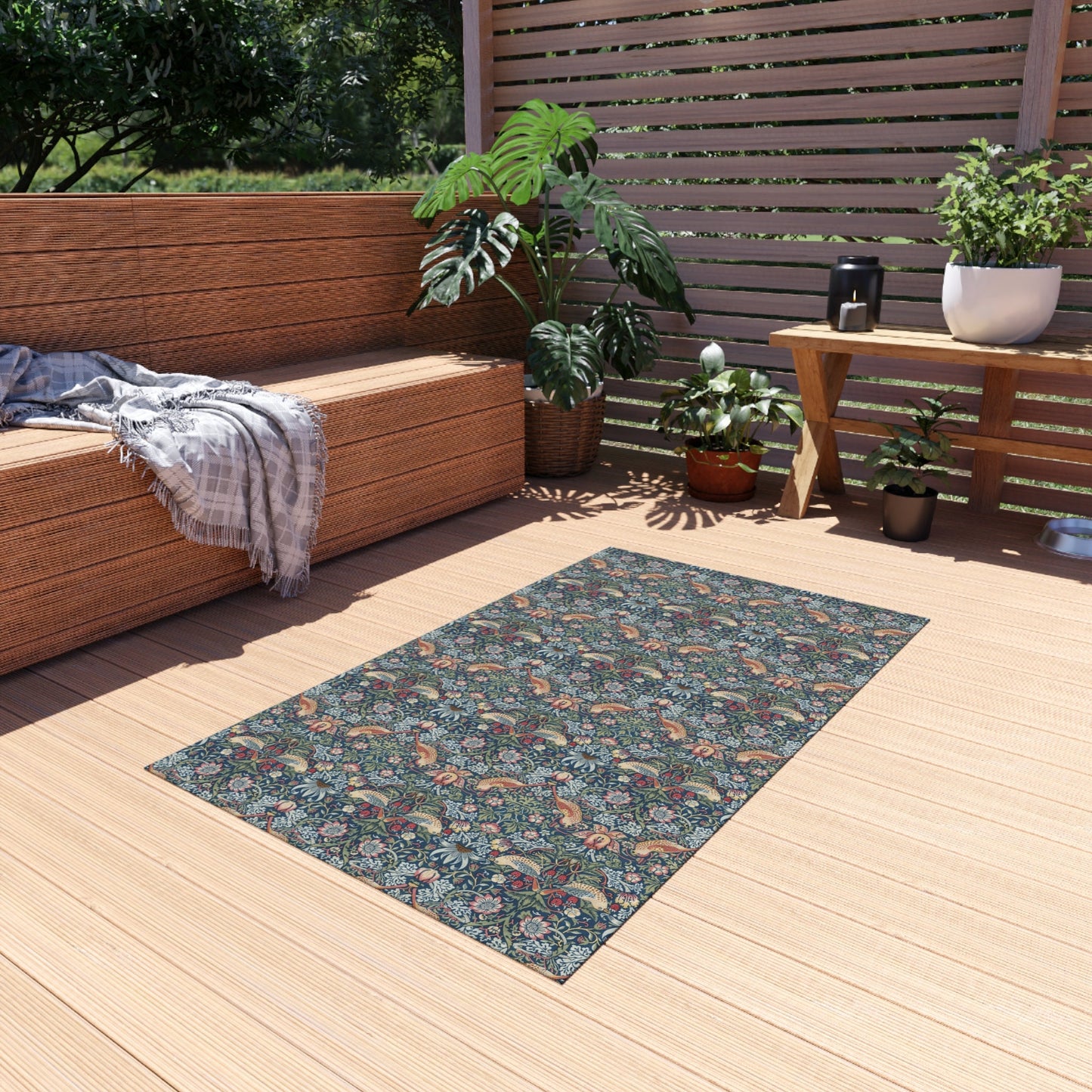 Strawberry Thief William Morris Rug: Blue Chenille Indoor Outdoor Mat